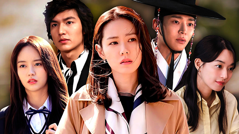A collage of Gu Jun-pyo (Lee Min-ho) in Boys Over Flowers, Yoon Hye-jin (Shin Min-a) in Hometown Cha-Cha-Cha, Jung Ji-woon (Rowoon) in The King's Affection, Yoon Jin-ah (Son Ye-jin) in Something in the Rain, and Kim Jo-jo (Kim So-hyun) in Love Alarm