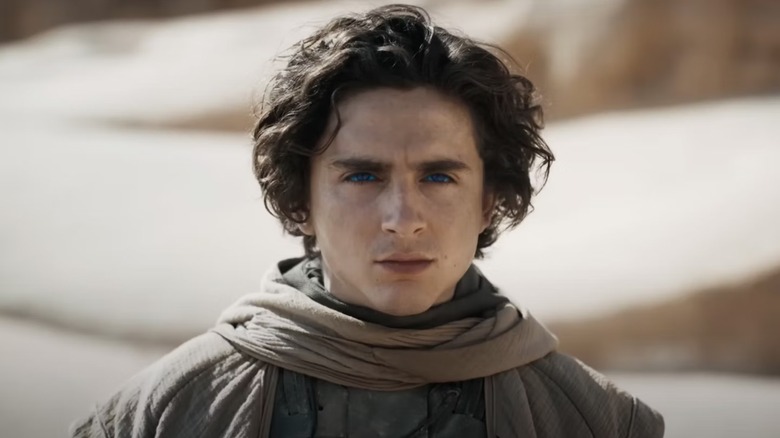 Paul Atreides (Timothee Chalamet) looks pensive on the surface of Arrakis in Dune