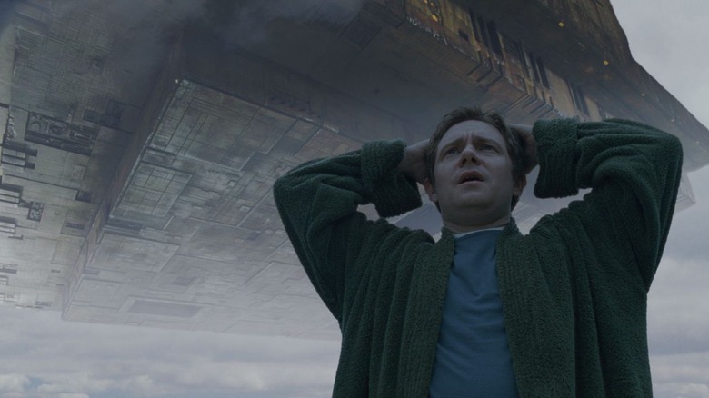 Arthur (Martin Freeman) doesn't know what else to do when the Vogons arrive in Hitchhiker's Guide to the Galaxy
