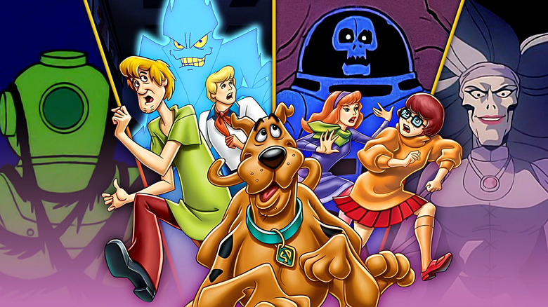 Scooby-Doo and the gang surrounded by the Ghost of Captain Cutler, the Phantom Virus, the Space Kook, and Sarah Ravencroft