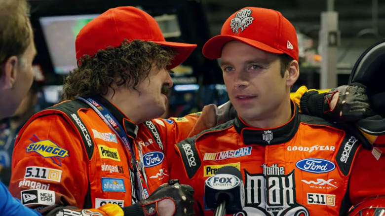 Dayton (Sebastian Stan) being interviewed after race in Logan Lucky