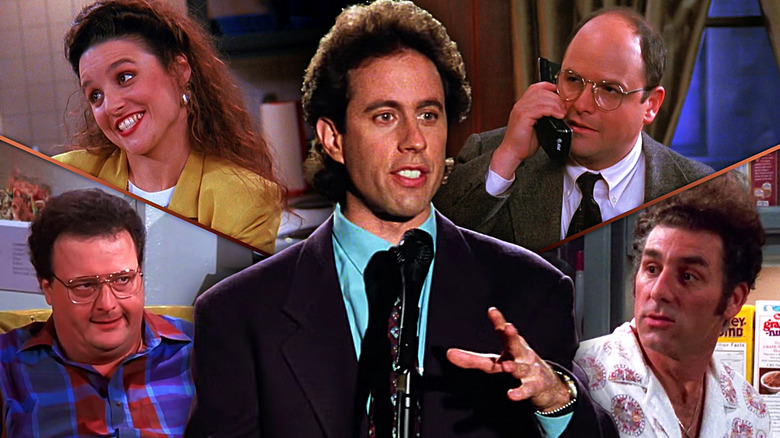 Wayne Knight as Newman, Julia Louise-Dreyfuss as Elain Benes, Jerry Seinfeld as Jerry Seinfeld, Jason Alexander as George Costanza, and Michael Richards as Cosmo Kramer