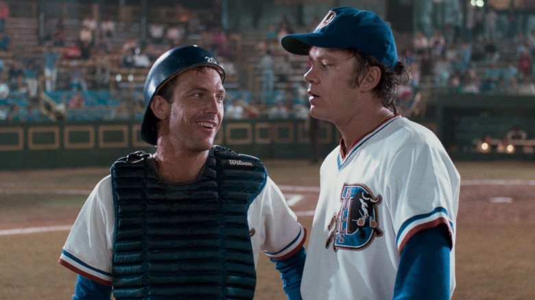 Tim Robbins as Nuke and Kevin Costner as Crash talking on the field in Bull Durham