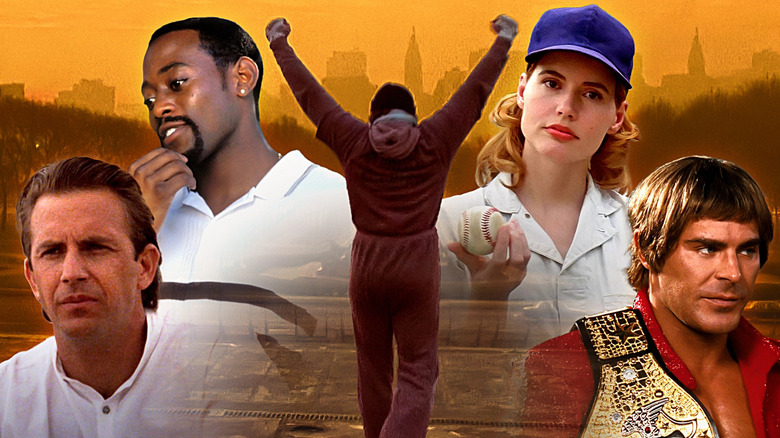 Sylvester Stallone in Rocky in the middle celebrating his stairs run, and surrounding him, Kevin Costner in Field of Dreams, Geena Davis in A League of Their Own, Omar Epps in Loe and Basketball, and Zac Efron in The Iron Claw