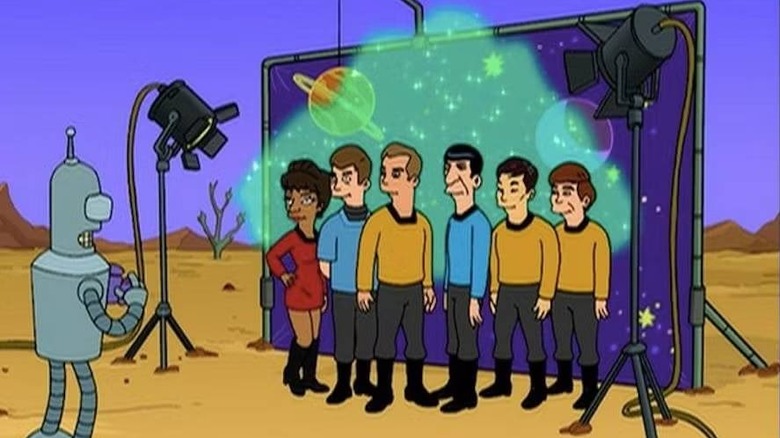 Bender taking a picture of the cast of Star Trek: The Original Series on FuturamaIt