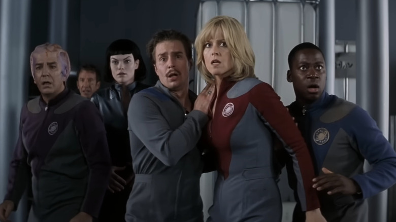 The cast of Galaxy Quest looks scared in Galaxy Quest