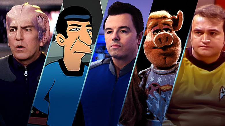 Alexander Dane (Alan Rickman), Spock (Leonard Nimoy), Captain Ed Mercer (Seth MacFarlane), Captain Link Hogthrob, and Captain Kirk (John Belushi) next to each other