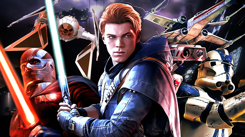 A collage of Cal Kestis (Cameron Monaghan) in Star Wars Jedi: Fallen Order surrounded by Darth Malak (Rafael Ferrer) in Star Wars: Knights of the Old Republic, a TIE Interceptor, an X-Wing, and a Clone Trooper in Star Wars: Republic Commando