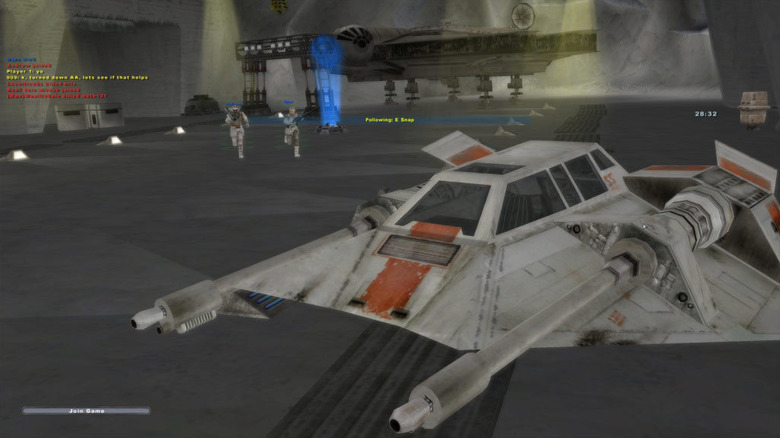 Two Rebels run towards a snow speeder in Star Wars: Battlefront II (2005)