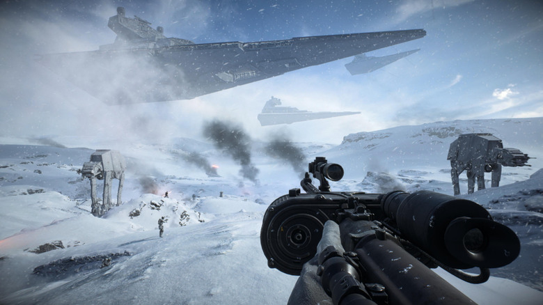 First-person view of a Hoth Rebel Soldier shooting during the Battle of Hoth in Star Wars Battlefront II (2017)