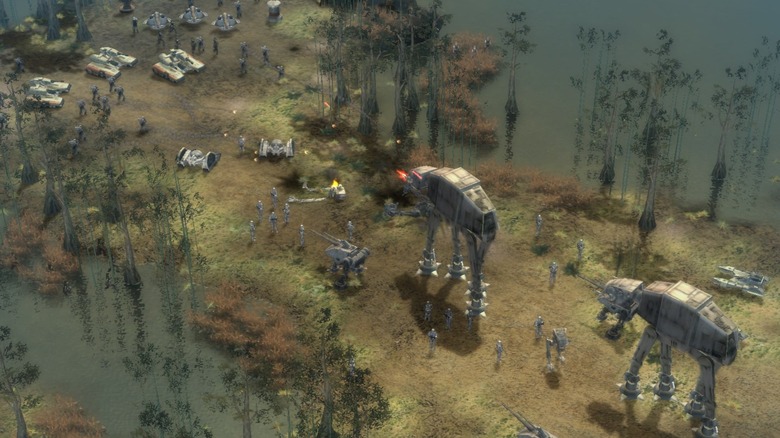 Imperial walkers fire on a Separatist droid army in Star Wars: Empire at War