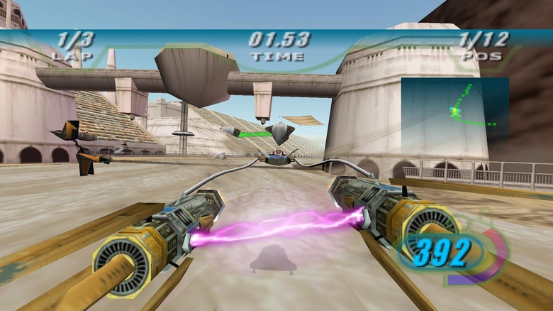 Anakin Skywalker speeds by in his podracer in Star Wars Episode I: Racer
