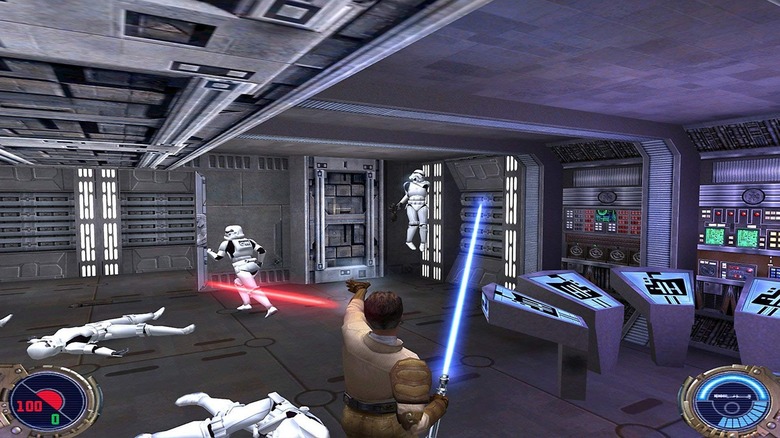 Kyle Katarn (Jeff Bennett) raises a Stormtrooper with the Force in Star Wars Jedi Knight II: Jedi Outcast