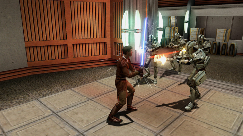 A Jedi battles a group of Sith troopers in Star Wars: Knights of the Old Republic