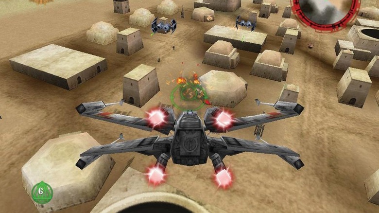An X-Wing strafes Mos Eisley in Star Wars: Rogue Squadron