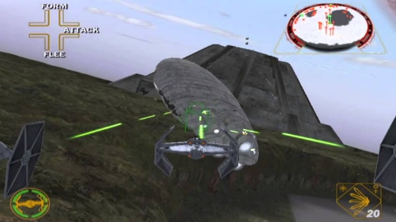 A TIE Interceptor leads an attack on a Rebel transport cruiser in Star Wars Rogue Squadron II: Rogue Leader