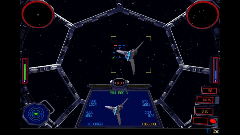 A TIE Fighter targets an Imperial shuttle from its cockpit in Star Wars: TIE Fighter