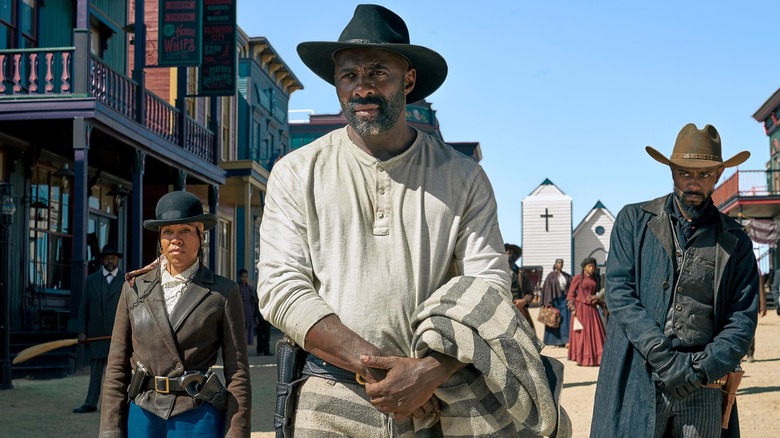 Regina King, Idris Elba, and Lakeith Stanfield in "The Harder They Fall"