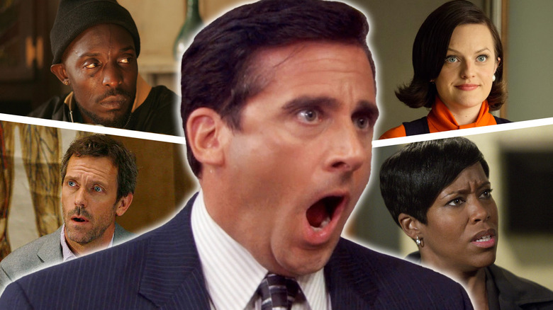 A composite image of shots of Michael K. Williams in The Wire, Elisabeth Moss in Mad Men, Hugh Laurie in House M.D., and Regina King in Southland around Steve Carell in The Office
