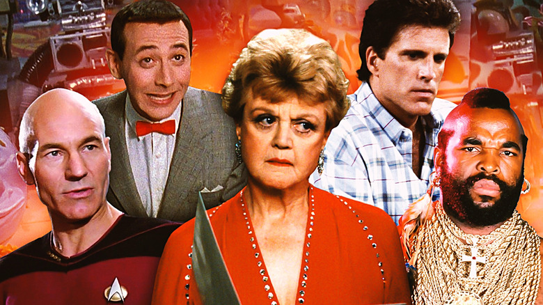Patrick Stewart as Jean-Luc Picard in Star Trek: The Next Generation, Paul Reubens in Pee-wee's Playhouse, Angela Lansbury as J.B. Fletcher in Murder, She Wrote, Ted Danson as Sam in Cheers, and Mr T. as B.A. in the A-Team.