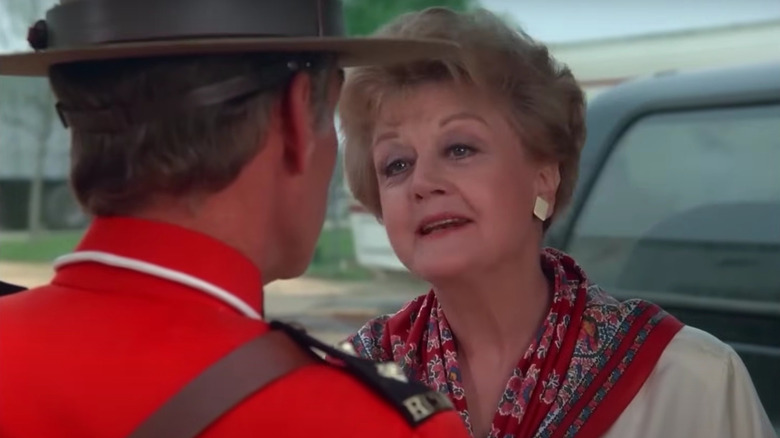 Jessica Fletcher, played by Angela Lansbury, attempts to get past a Mountie in Murder, She Wrote