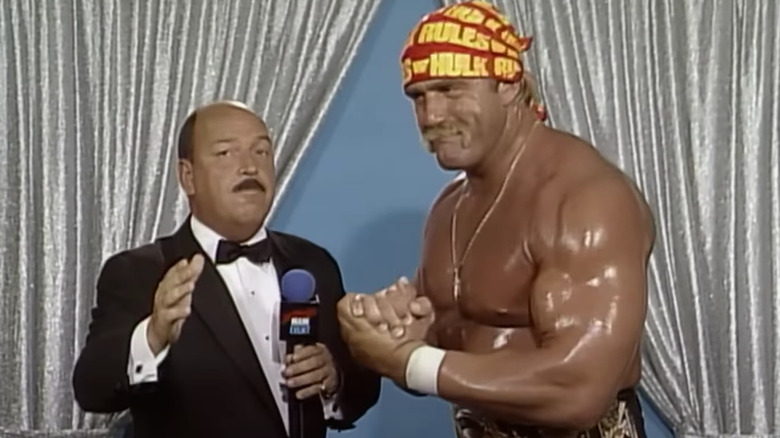 Mean Gene Okerlund interviews Hulk Hogan post-match on Saturday Night's Main Event