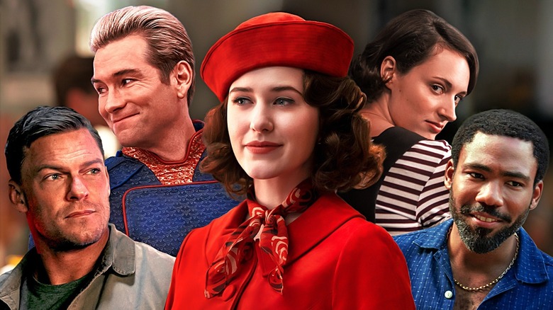 Alan Ritchson as Jack from Reacher, Antony Starr as Homelander in The Boys, Rachel Brosnahan as Midge in The Marvelous Mrs. Maisel, Phoebe Waller-Bridge as Fleabag in Fleabag, Donald Glover as John in Mr. & Mrs. Smith