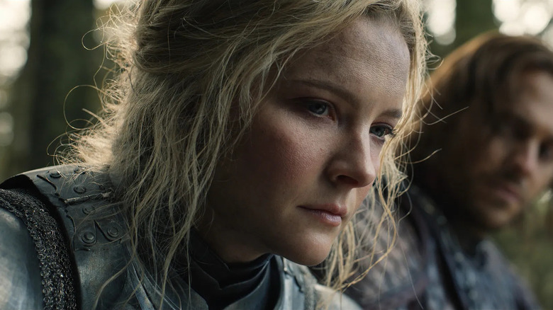 Morfydd Clark as Galadriel wearing armor in Lord of the Rings: The Rings of Power