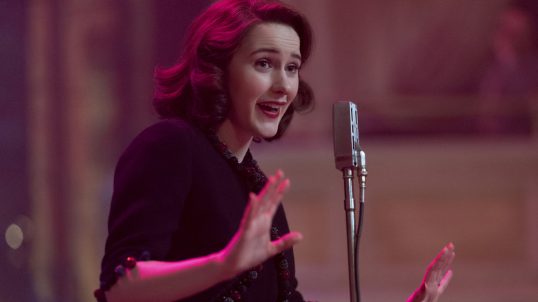 Rachel Brosnahan as Midge on stage in her nightgown in The Marvelous Mrs. Maisel