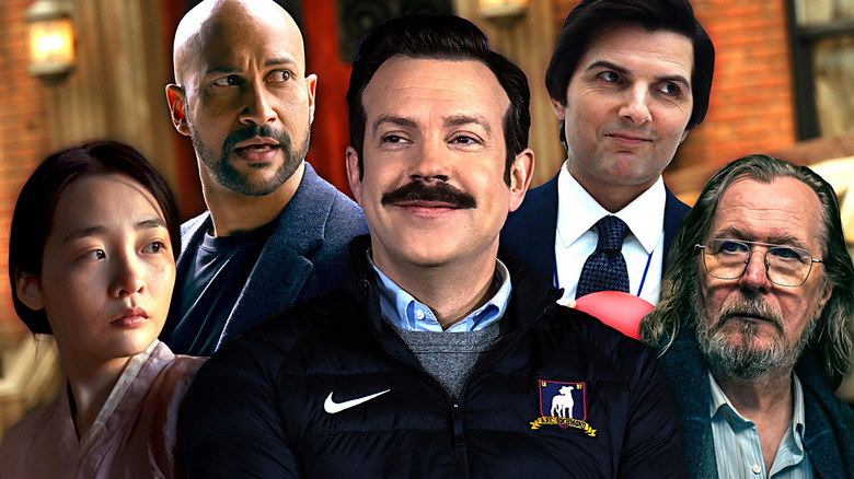 Kim Sunja (Kim Min-ha), Josh Skinner (Keegan Michael-Key), Ted Lasso (Jason Sudeikis), Mark S. (Adam Scott), and Jackson Lamb (Gary Oldman) lined up