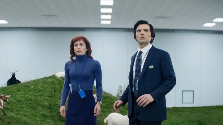 Mark (Adam Scott) and Helly (Britt Lower) among goats on Severance
