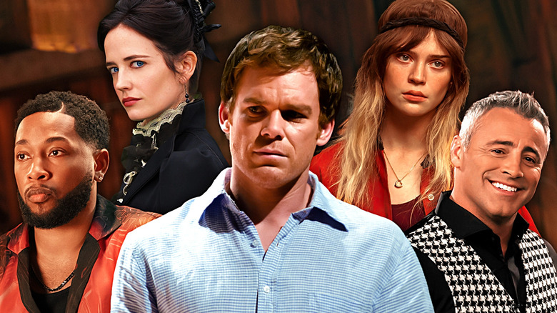 Michael C. Hall from Dexter in the middle, and around him, Matt LeBlanc in Episodes, Jacob Latimore in The Chi, Eva Green in Penny Dreadful, and Sophie Thatcher in Yellowjackets in a composite image
