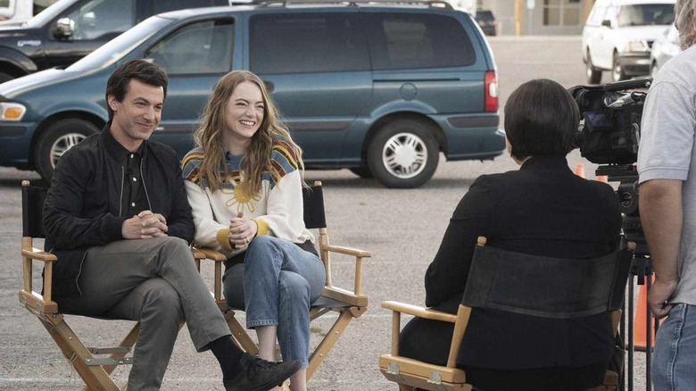Nathan Fielder and Emma Stone as Asher and Whitney Siegel sitting down for a filmed interview on The Curse