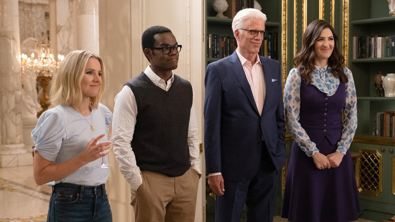 Kristen Bell as Eleanor Shellstrop, William Jackson Harper as Chidi Anagonye, Ted Danson as Michael, and D'Arcy Carden as Janet in The Good Place.