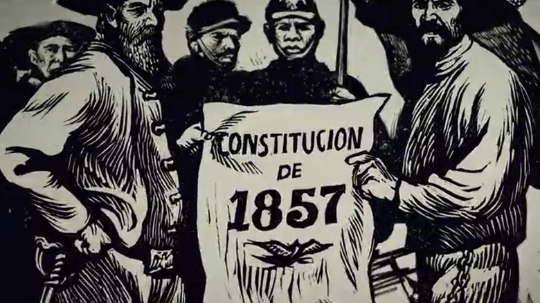 Print art depicting men holding the Mexican Constitution of 1857 in Patria