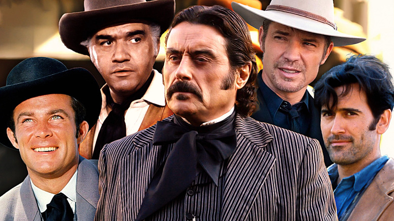 Collage of Ian McShane in Deadwood, Timothy Olyphant in Justified, Lorne Greene in Bonanza, Robert Conrad in Wild Wild West, Bruce Campbell in Adventures of Brisco County Jr.