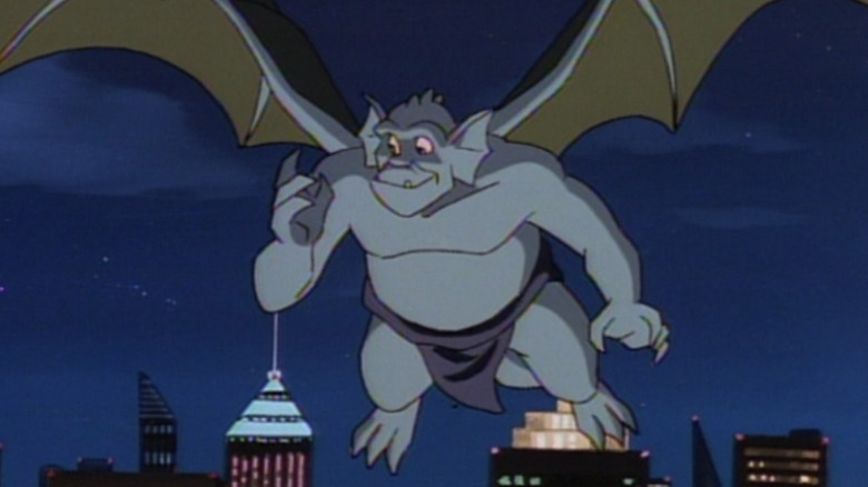 Broadway flies over New York City at night in Gargoyles