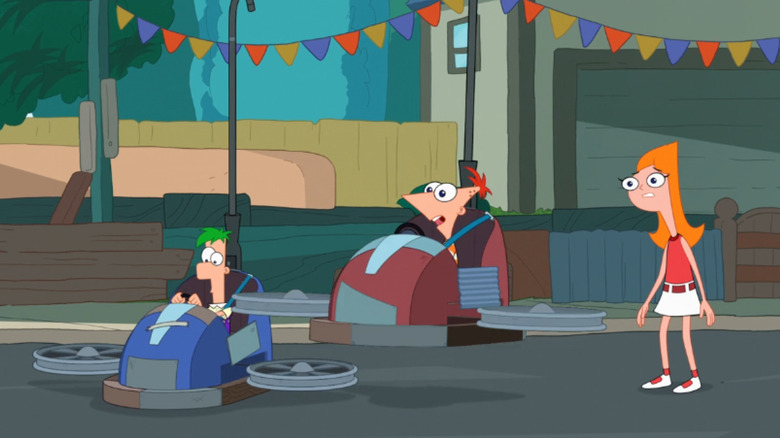 Ferb and Phineas sit in flying bumper cars while Candace stands to the right in Phineas and Ferb