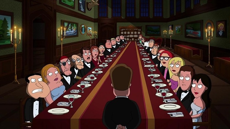 Family Guy characters sitting at a very long table