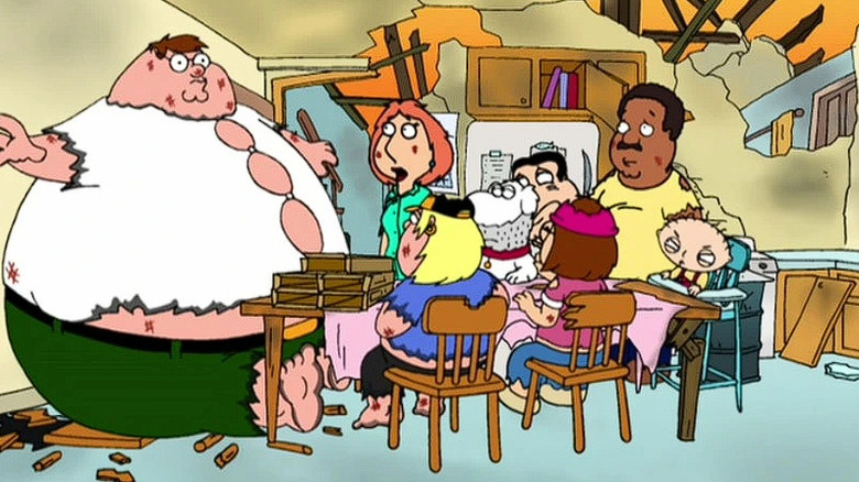 Peter expanding in front of his family on Family Guy