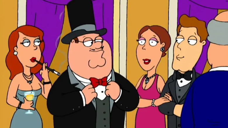 Peter Griffin wearing a top hat around rich people on Family Guy