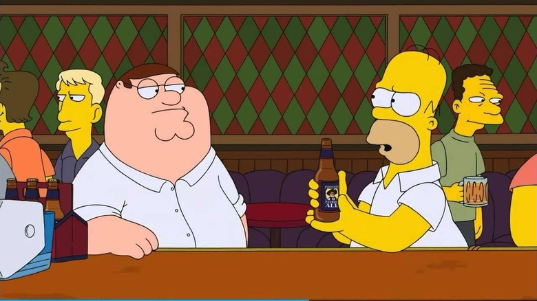Homer Simpson and Peter Griffin drinking together on Family Guy
