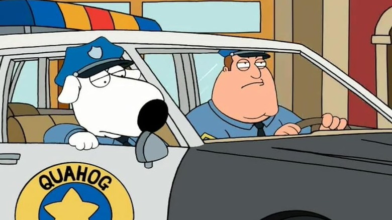 Brian Griffin riding in a cop car with Joe on Family Guy