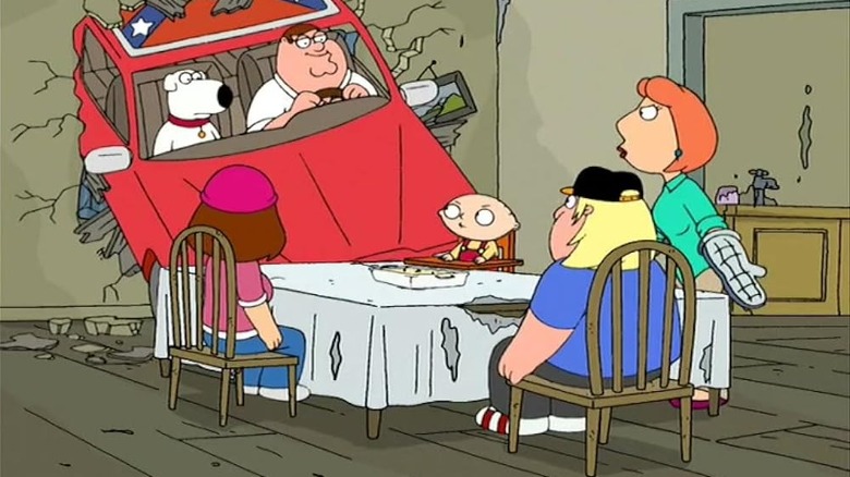 Peter crashing a car into the Griffins' house on Family Guy