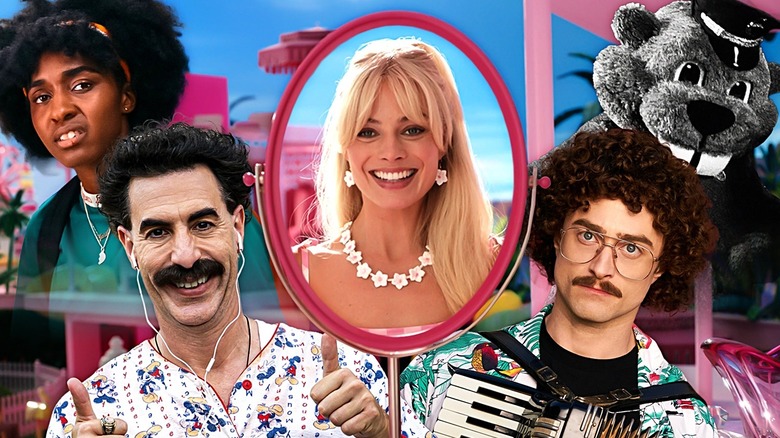 Ayo Edebiri as Josie in Bottoms, Sacha Baron Cohen as Borat in Borat Subsequent Moviefilm, Daniel Radcliffe as Weird Al in Weird, and a beaver from Hundreds of Beavers surrounding Margot Robbie as Barbie in her Barbieland mirror from Barbie