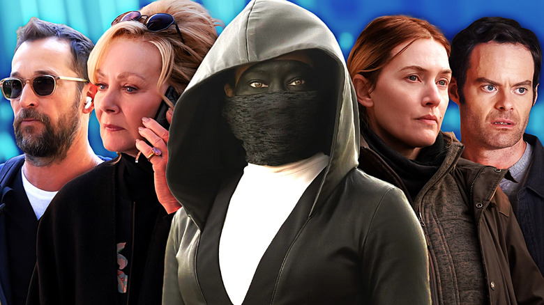 Composite image of Noah Wyle with sunglasses in The Pitt, Jean Smart on phone in Hacks, Regina King with black face paint and face covering in Watchmen, Kate Winslet in  Mare of Easttown, and Bill Hader in Barry