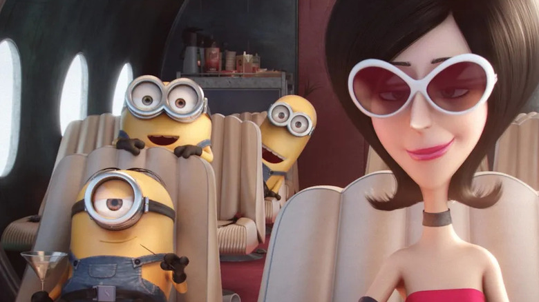 Scarlet Overkill (Sandra Bullock) flies with the Minions in Minions