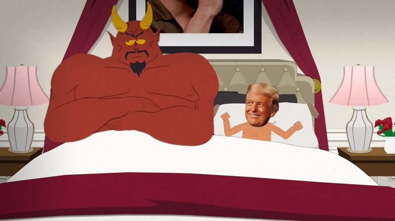 Satan and Donald Trump in bed together, on South Park.