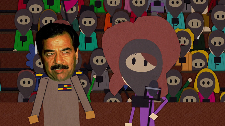 Saddam Hussein forces Celine Dion to sing at a Canadian football game, on South Park.