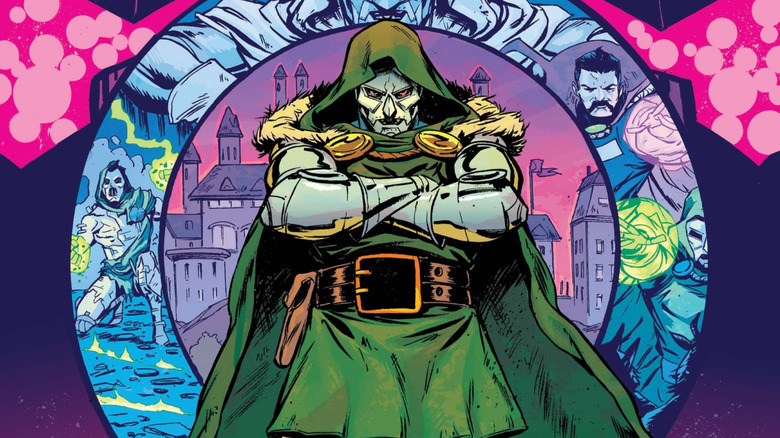 Doctor Doom in his iconic armor with his arms crossed in front of a castle background in a Marvel Comics cover